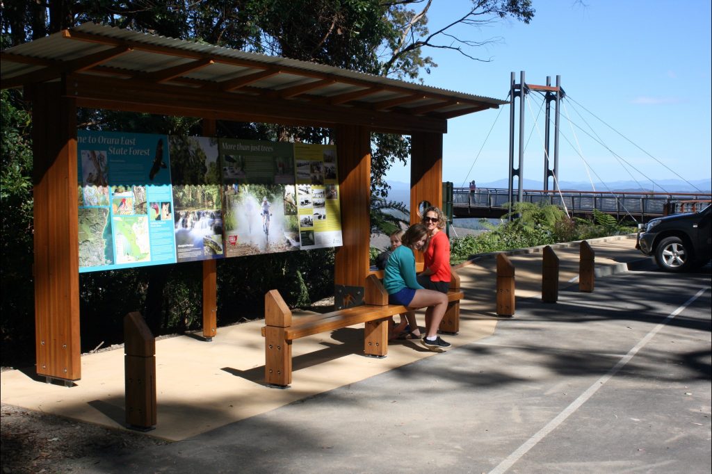 The seating and interpretive signage at Sealy Lookout