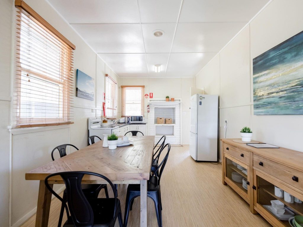 The kitchen and dining room at Tuckers Rocks Cottage in Bongil Bongil National Park. Photo: Mitchell