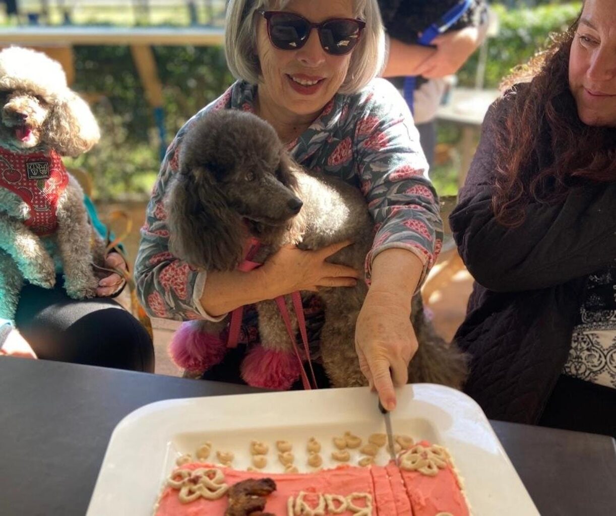 Lady cutting a birthday cake for her dog's 3rd birthday party at Creekside Cafe