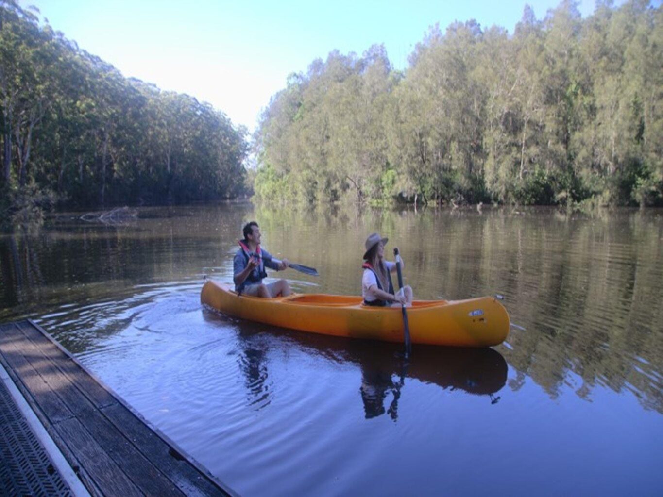 A couple canoeing along Bonville Creek at Bongil picnic area in Bongil Bongil National Park. Photo: