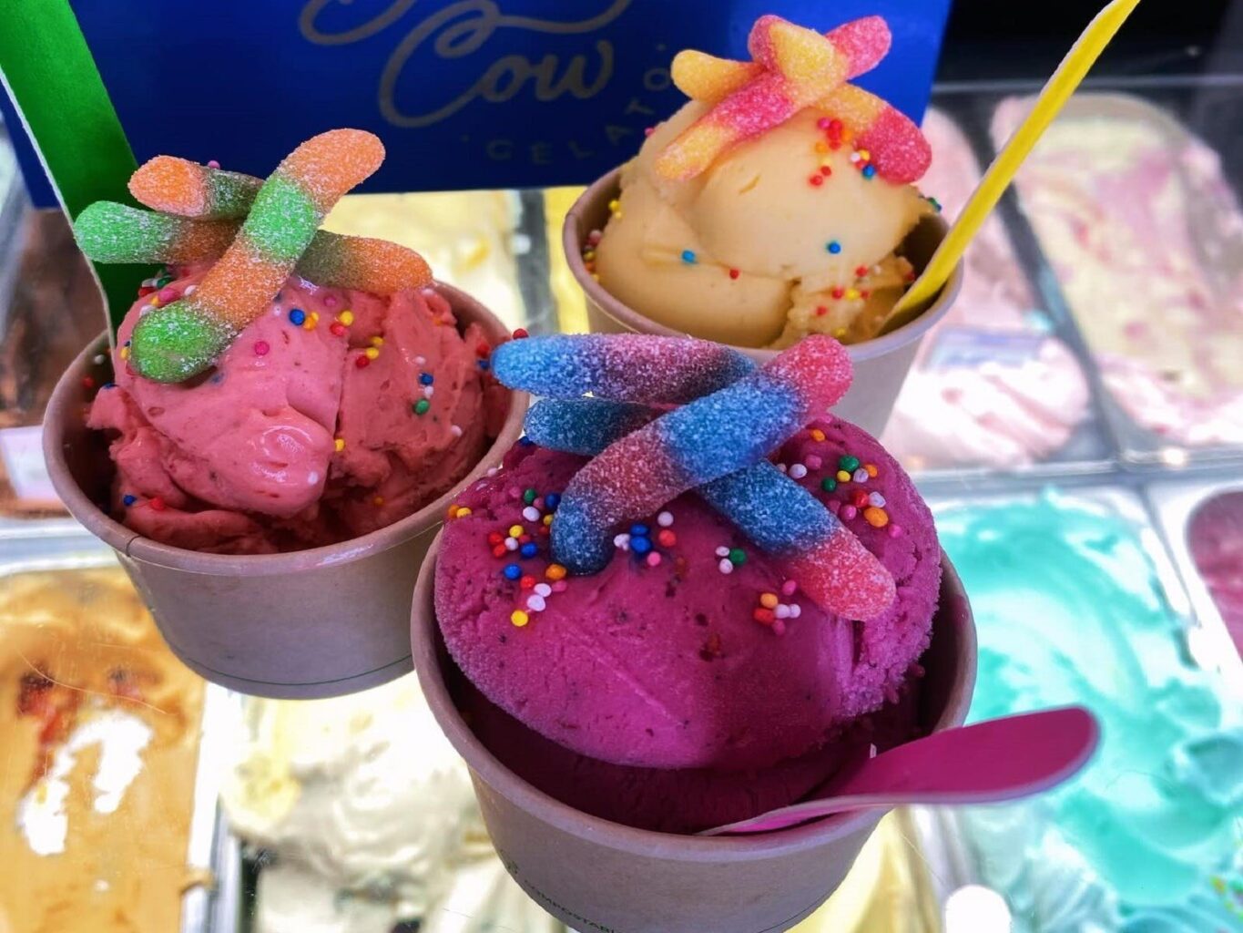 Blue Cow Gelato in Cups with Lolly Toppings